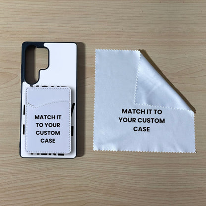 Custom Samsung S25 Ultra case with phone wallet card holder and cleaning cloth on a wooden surface with text 'Match it to your custom case'.