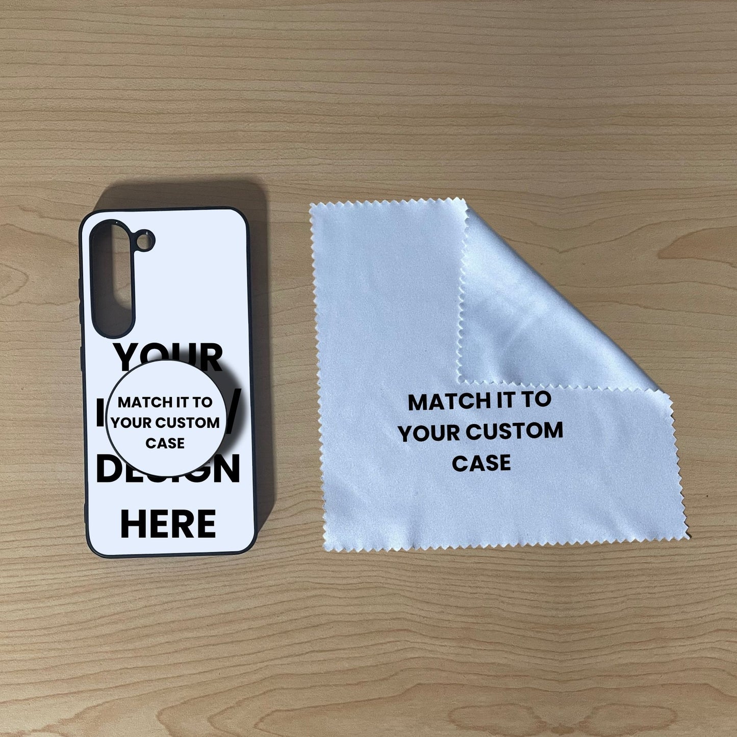 Custom Samsung S23 case with phone grip and cleaning cloth on a wooden surface with text overlay showing image placement.