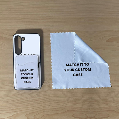 Custom Samsung S23 Plus case with phone wallet card holder and cleaning cloth on a wooden surface with text 'Match it to your custom case'.
