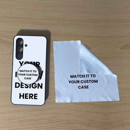 Custom Samsung S24 case with phone grip and cleaning cloth on a wooden surface with text overlay showing image placement.
