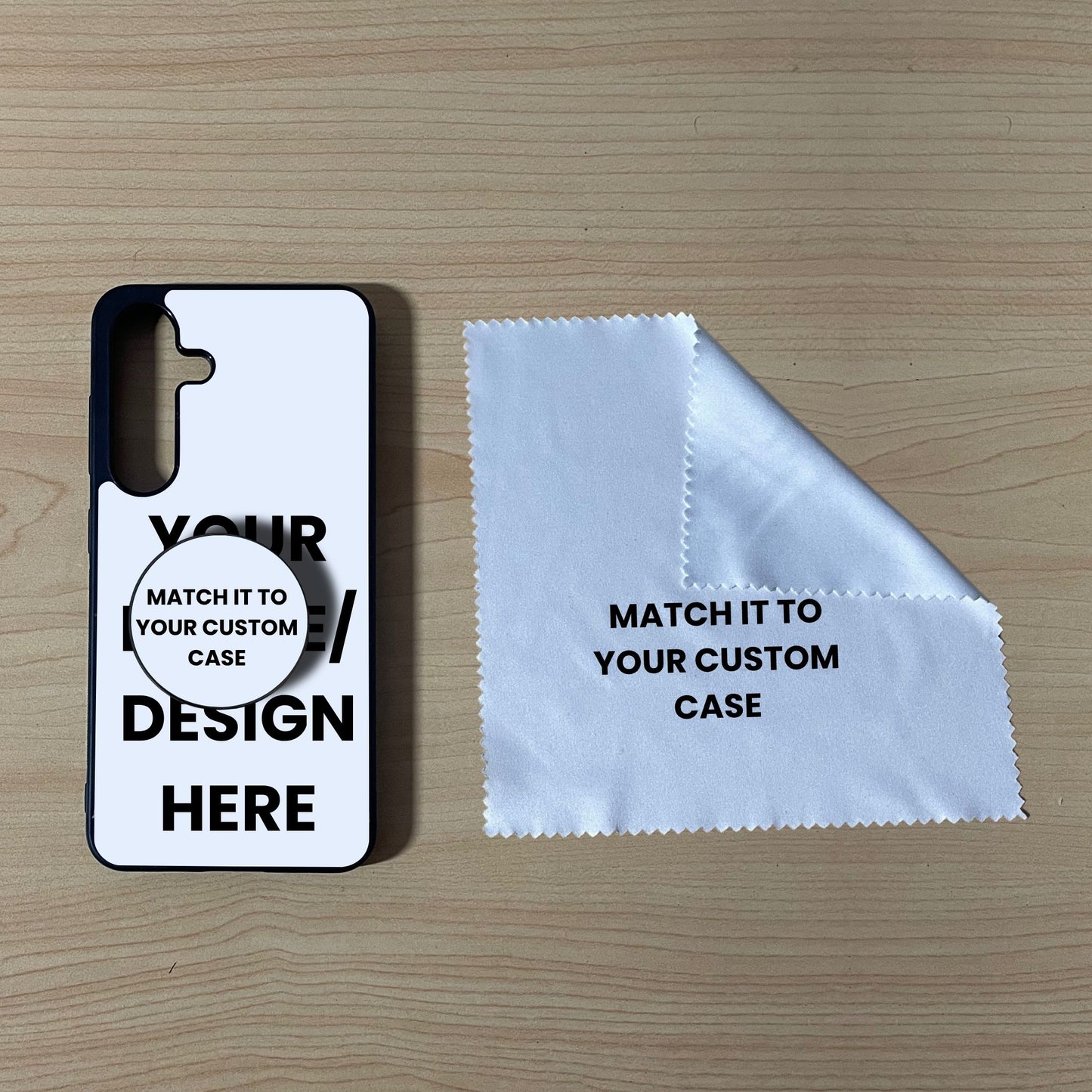 Custom Samsung S25 and S25 Plus case with phone grip and cleaning cloth on a wooden surface with text overlay showing image placement.