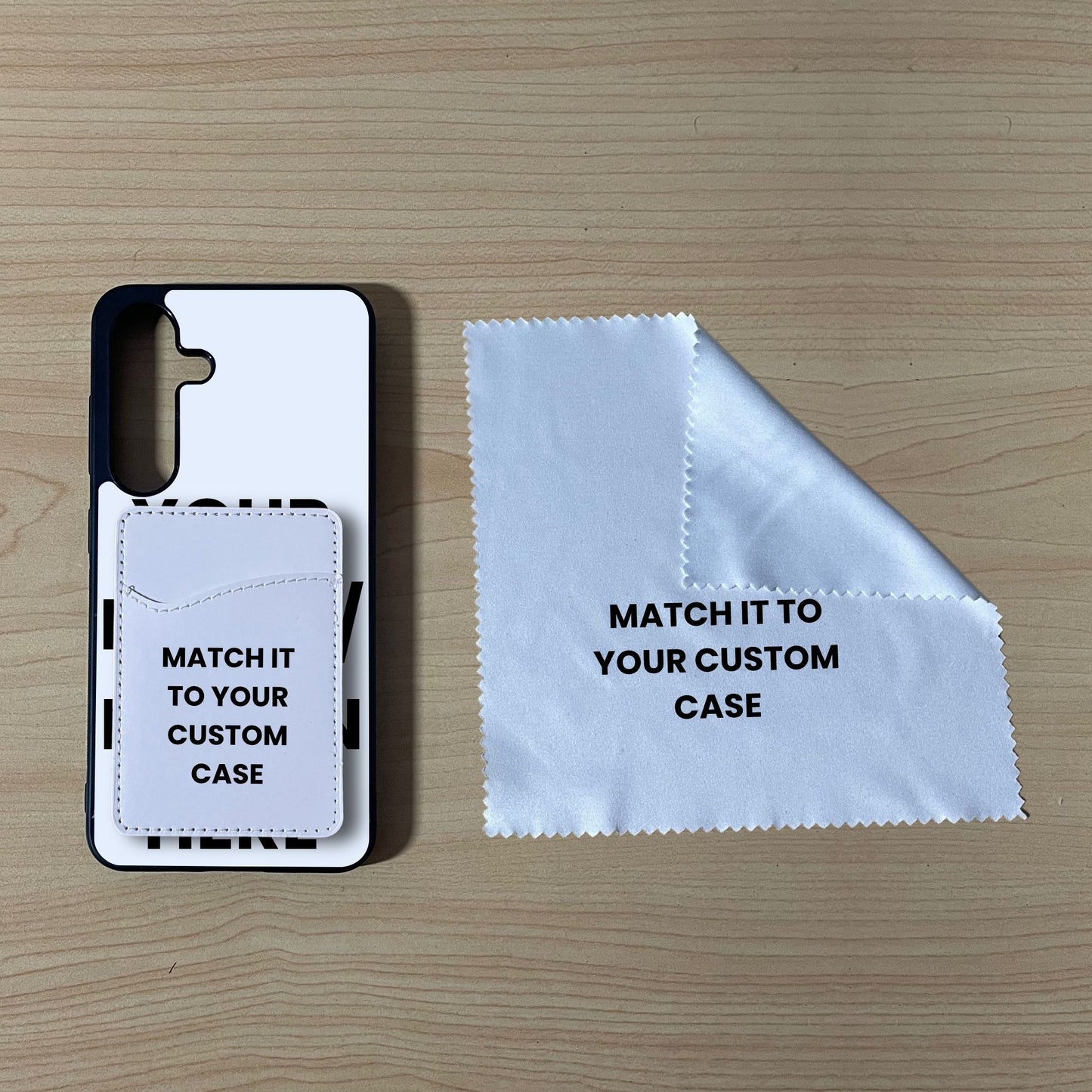 Custom Samsung S24, S25 Plus phone case, card holder, and microfiber cloth on a wooden surface with text indicating 'Matching Essentials Bundle'.