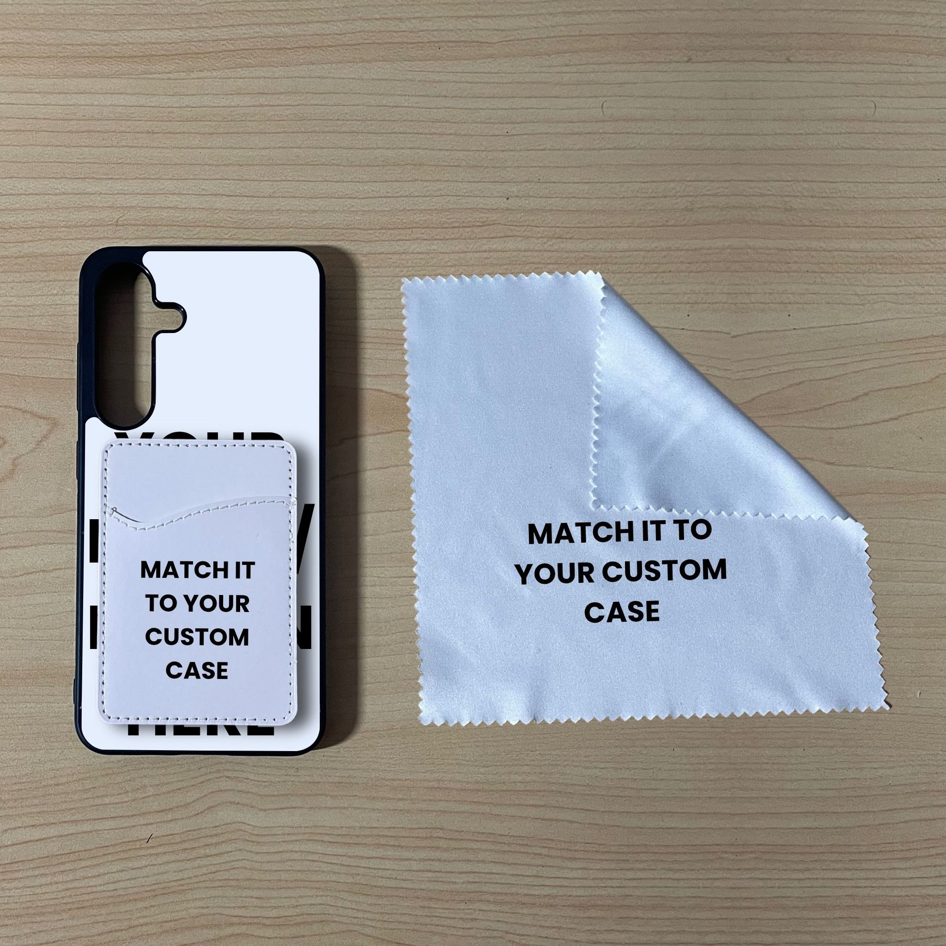 Custom Samsung S24, S25 Plus phone case, card holder, and microfiber cloth on a wooden surface with text indicating 'Matching Essentials Bundle'.