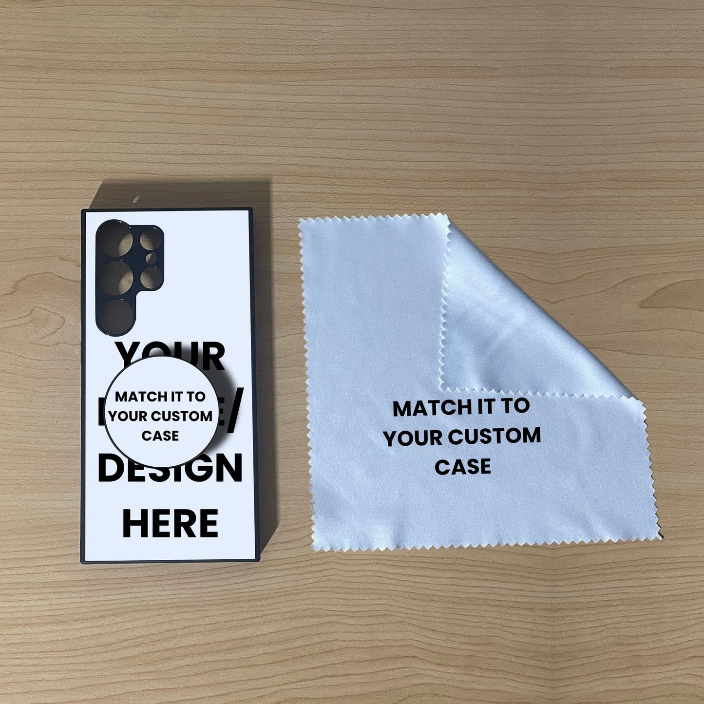 Custom Samsung S24 Ultra case with phone grip and cleaning cloth on a wooden surface with text overlay showing image placement.