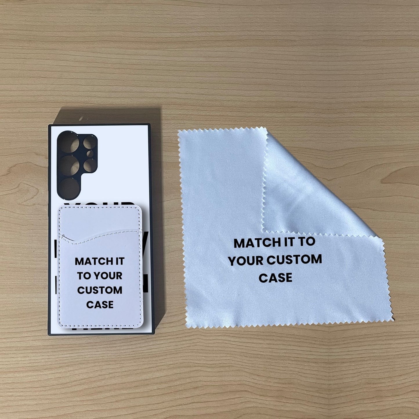 Custom Samsung S24 Ultra case with phone wallet card holder and cleaning cloth on a wooden surface with text 'Match it to your custom case'.