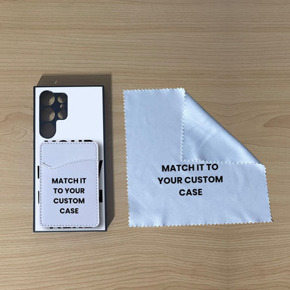 Custom Samsung S24 Ultra case with phone wallet card holder and cleaning cloth on a wooden surface with text 'Match it to your custom case'.