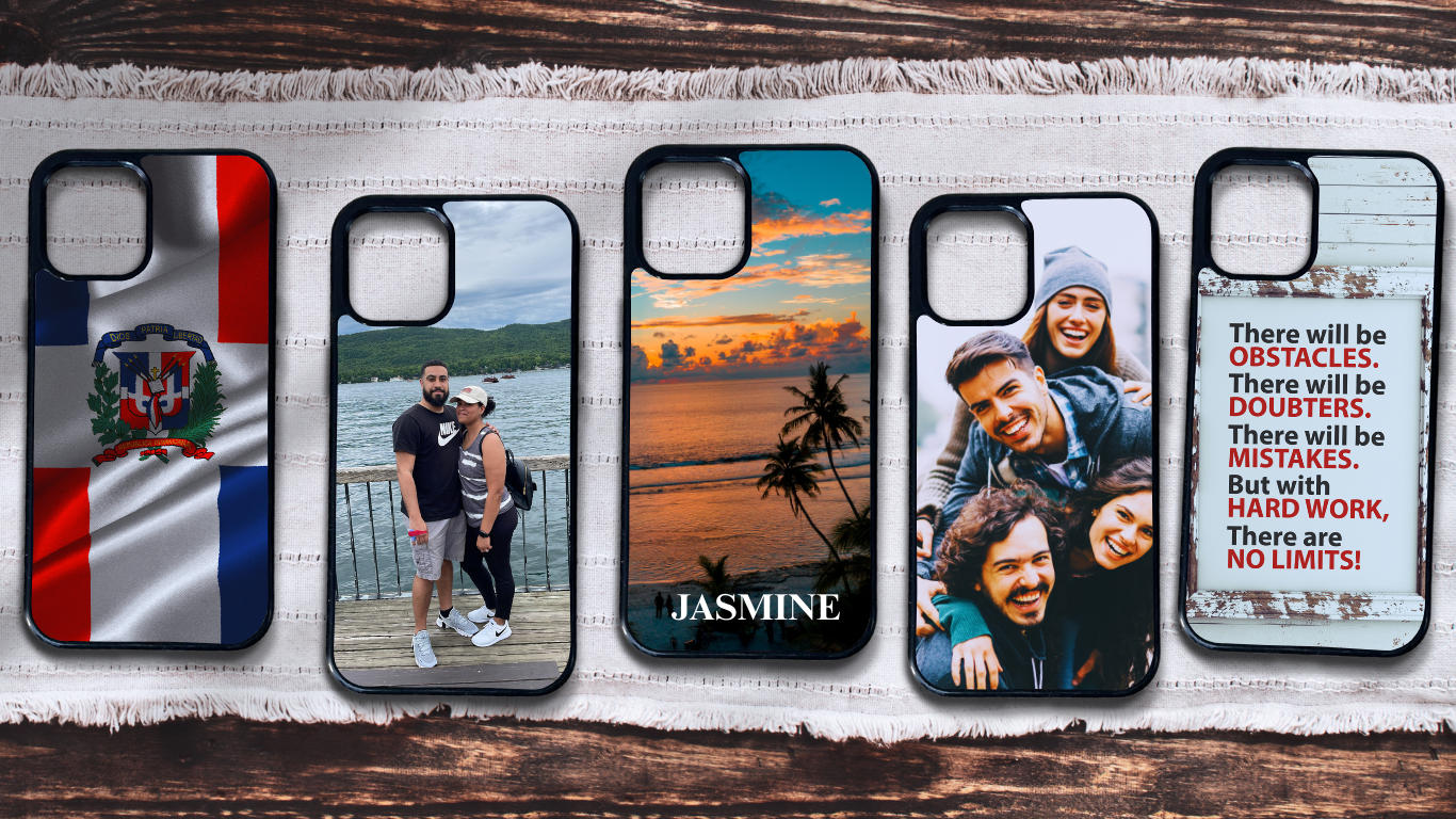 Five custom phone cases with showcasing different photos and designs displayed on a wood background, highlighting personalized designs.