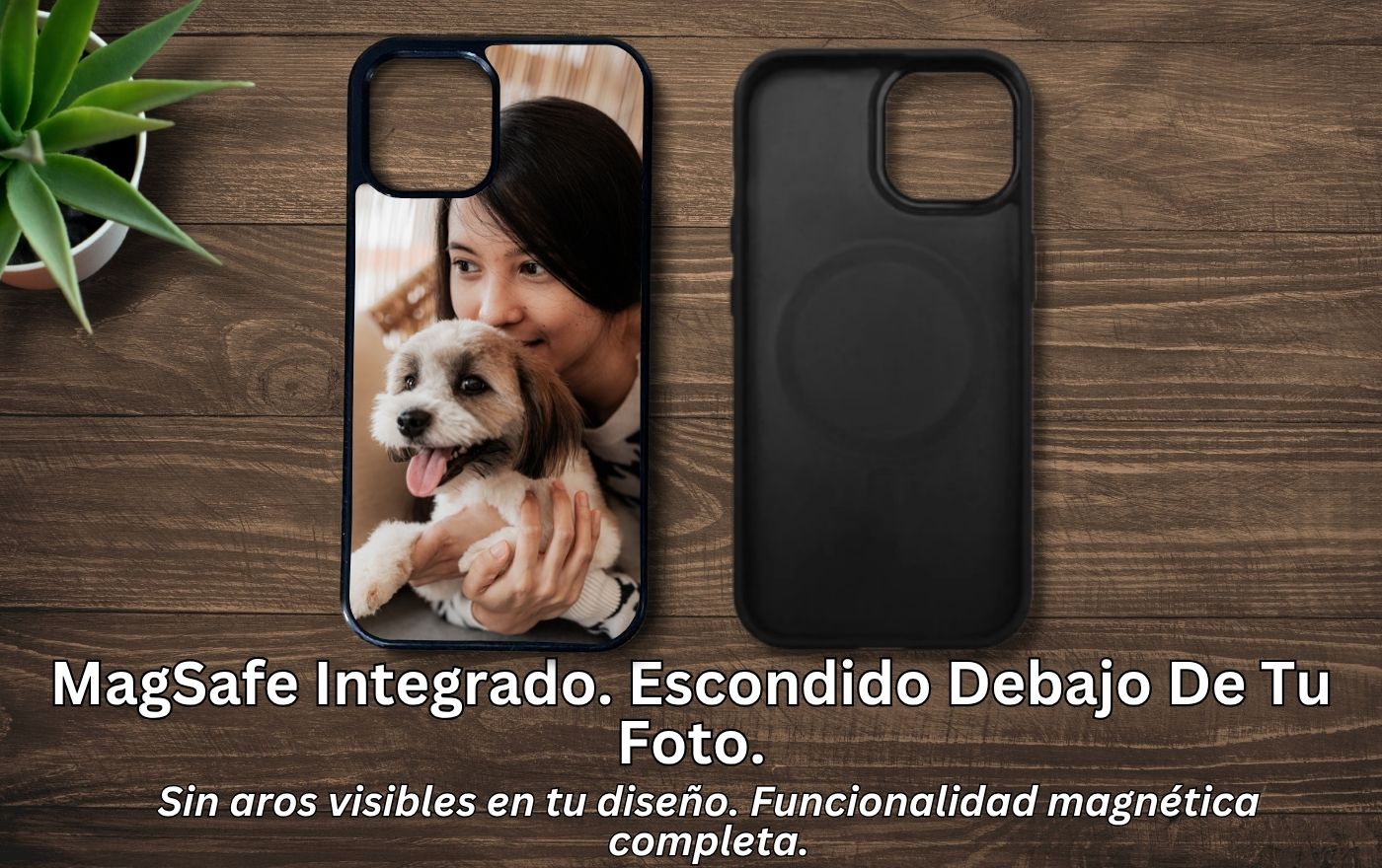 Two black MagSafe phone cases displayed on a dark wood background. The left case shows a printed photo of a woman and dog, while the right case is plain black with a MagSafe ring.