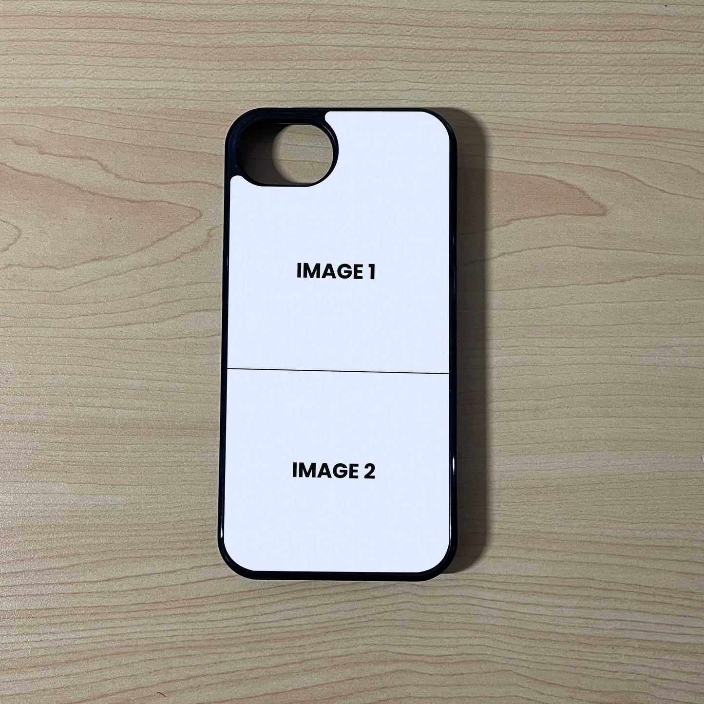 Custom phone case for the iPhone 16e showing 2 photo collage photo placement on a wooden surface.