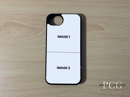 Custom phone case for the iPhone 16e showing 2 photo collage photo placement on a wooden surface.