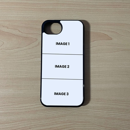 Custom phone case for the iPhone 16e showing 3 photo collage photo placement on a wooden surface.