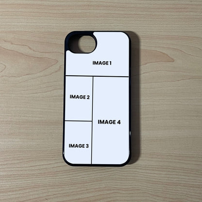 Custom phone case for the iPhone 16e showing 4 photo collage photo placement on a wooden surface.