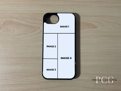 Custom phone case for the iPhone 16e showing 4 photo collage photo placement on a wooden surface.