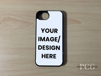 Custom phone case for the iPhone 16e showing image placement on a wooden surface.
