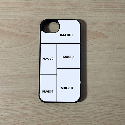 Custom phone case for the iPhone 16e showing 5 photo collage photo placement on a wooden surface.