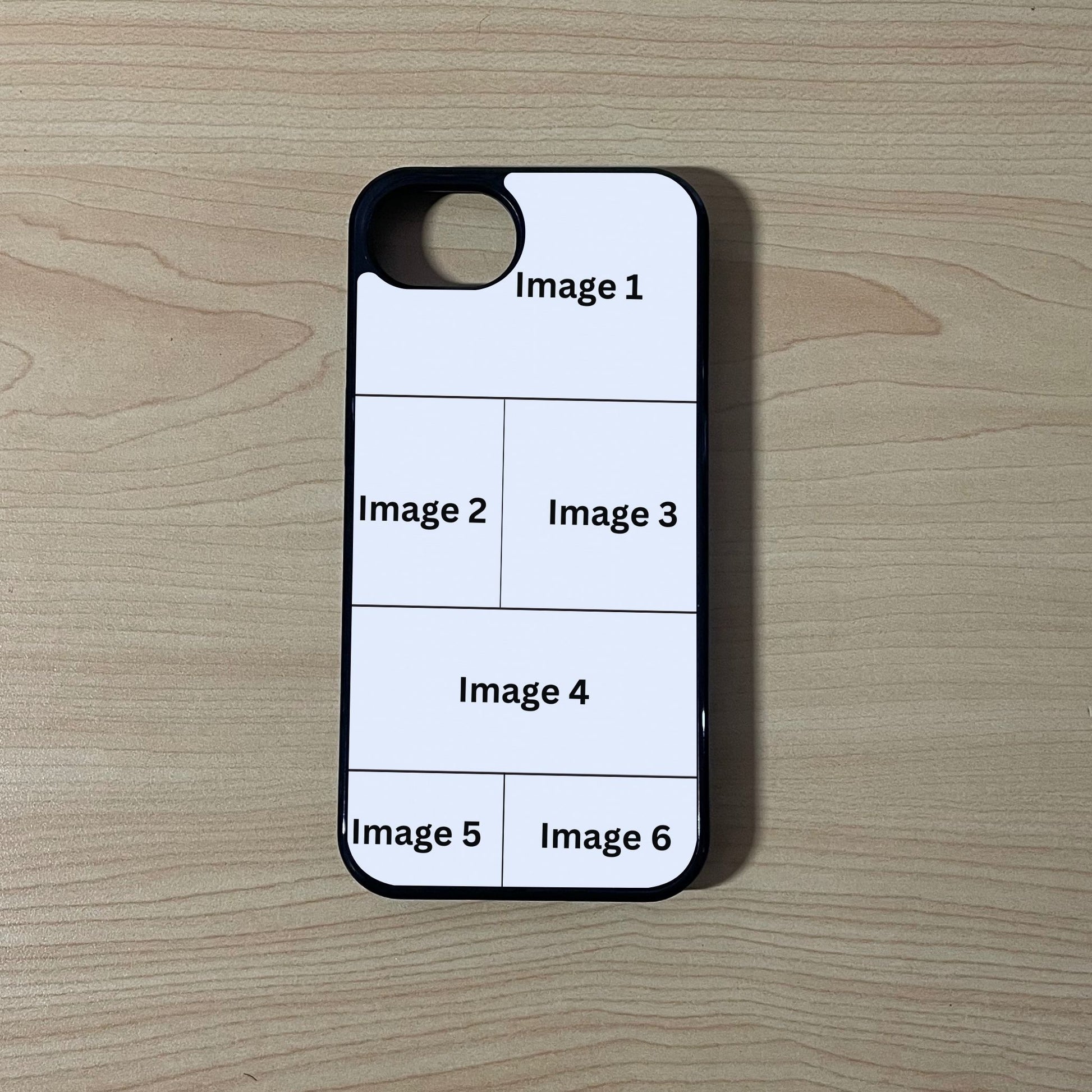 Custom phone case for the iPhone 16e showing 6 photo collage photo placement on a wooden surface.