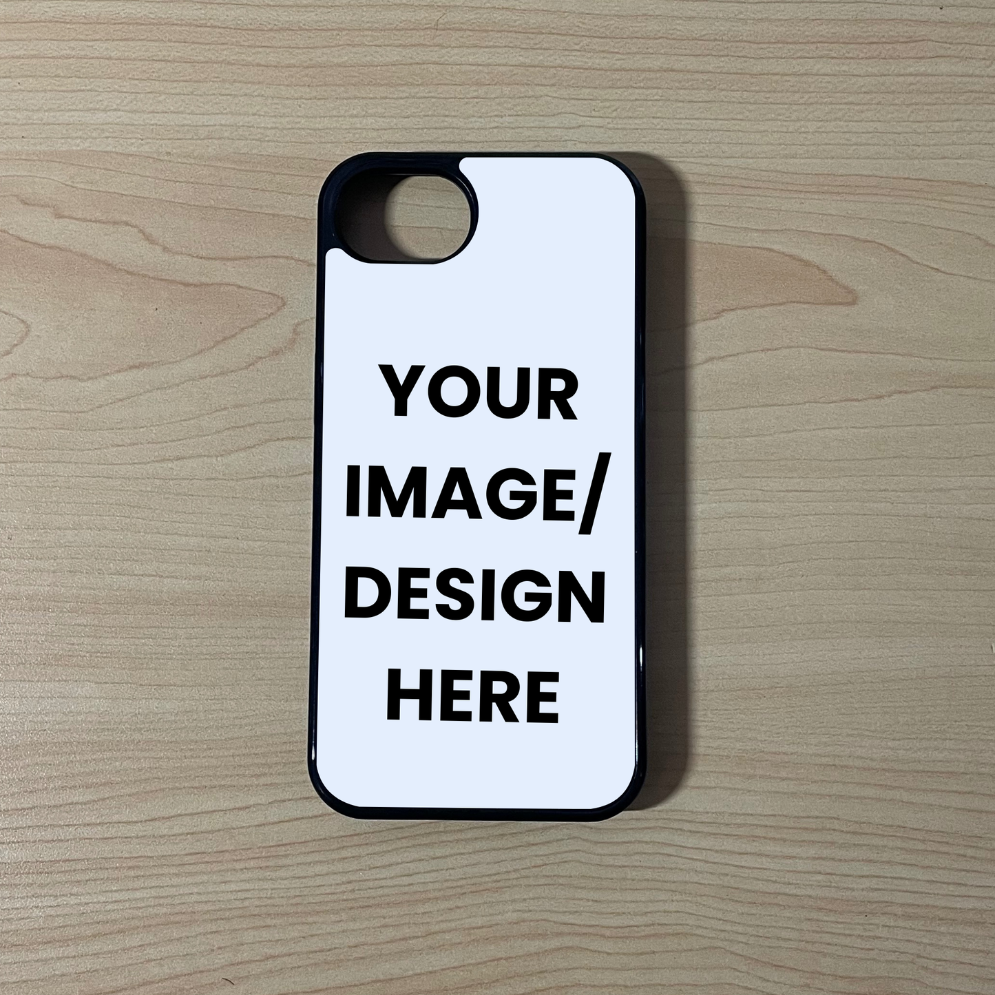 Custom phone case for the iPhone 16e showing image placement on a wooden surface.