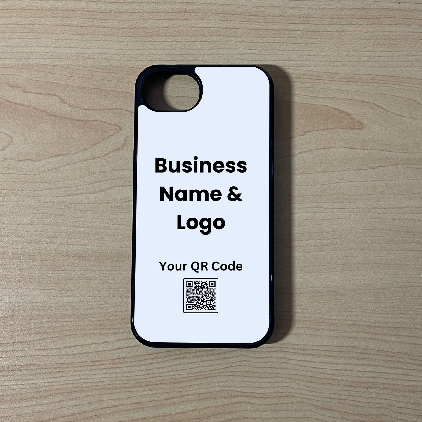 Custom phone case for the iPhone 16e showing qr code and business logo placement on a wooden surface.