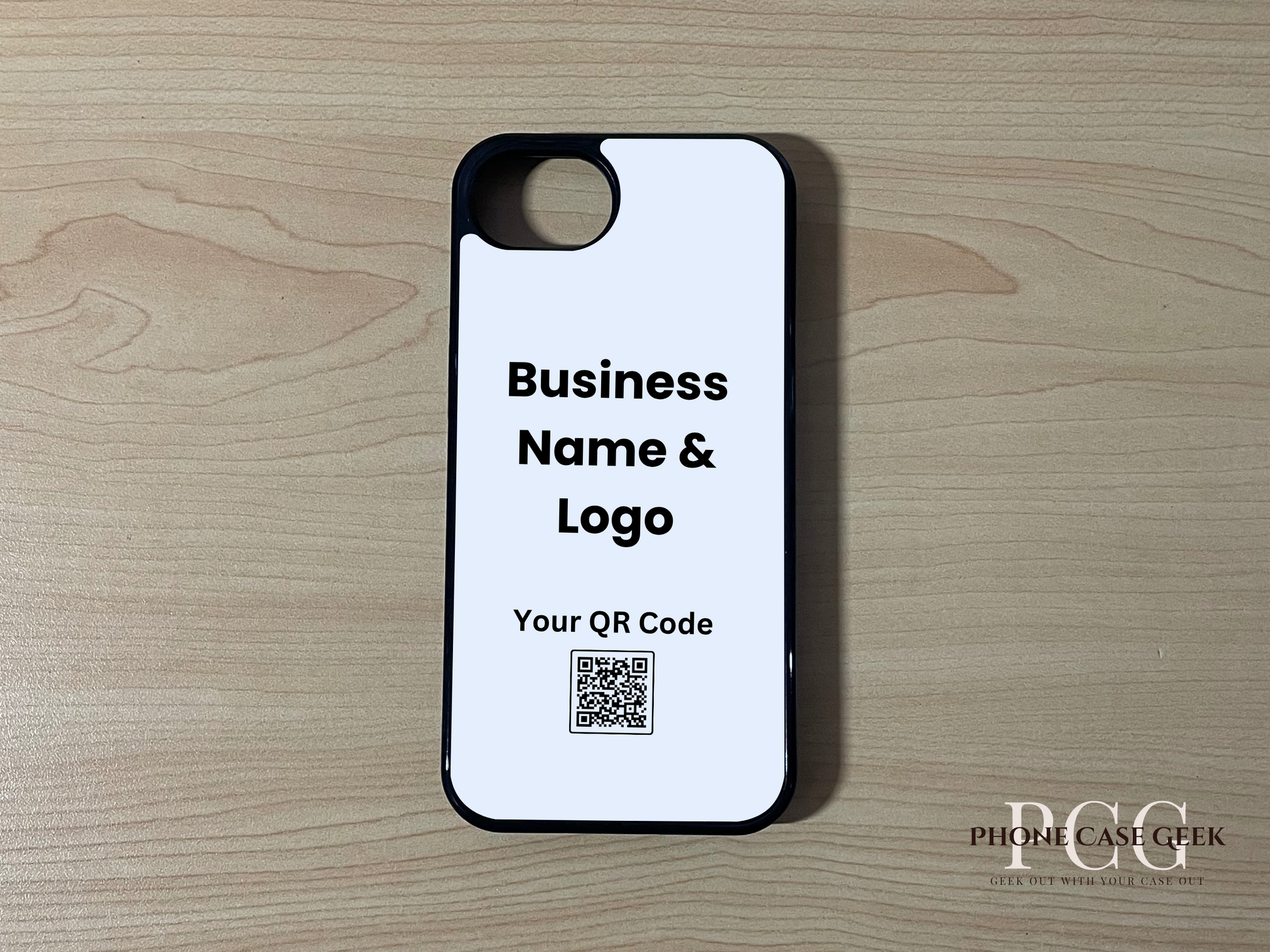 Custom phone case for the iPhone 16e showing qr code and business logo placement on a wooden surface.