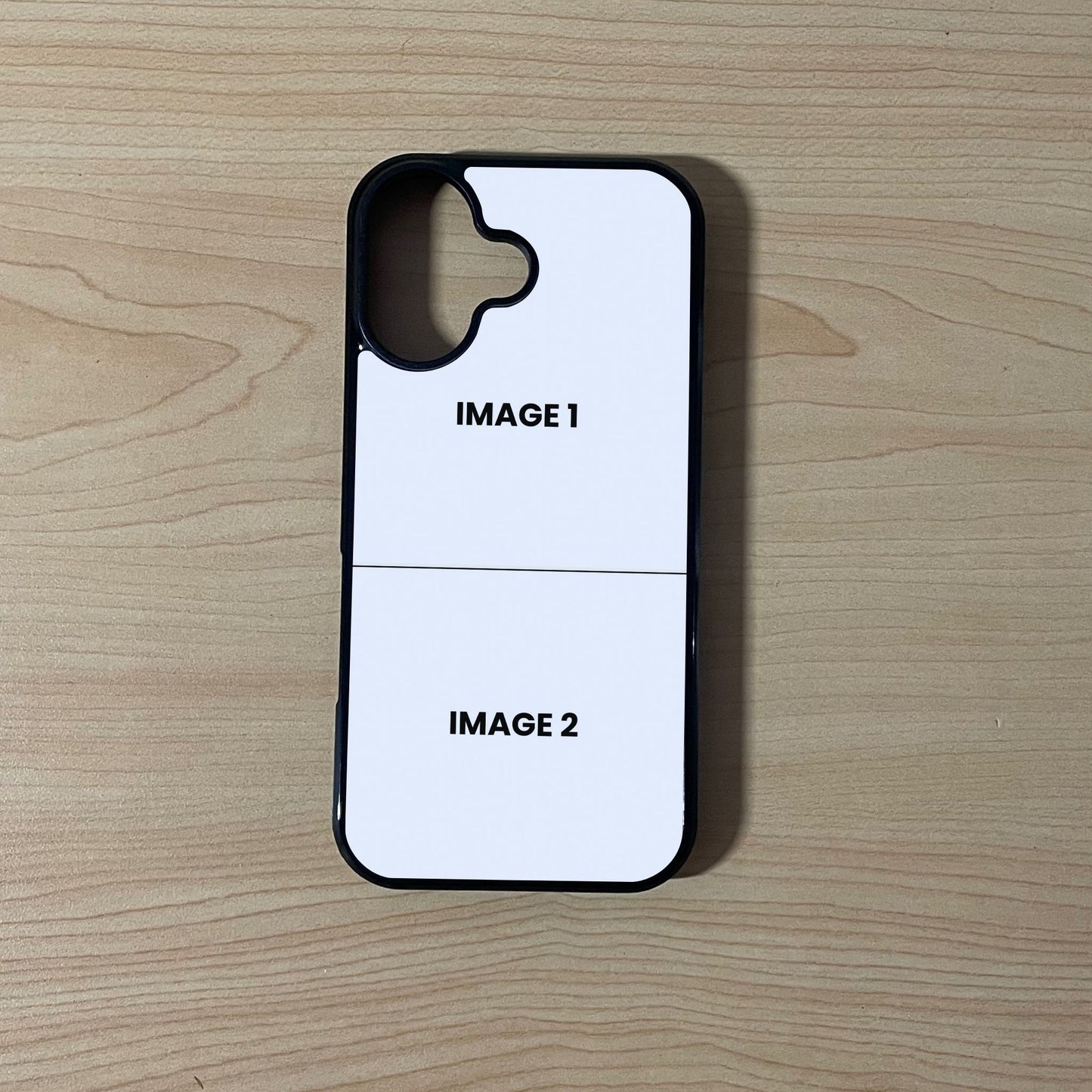 Custom phone case for the iPhone 17 showing 2 photo collage photo placement on a wooden surface.