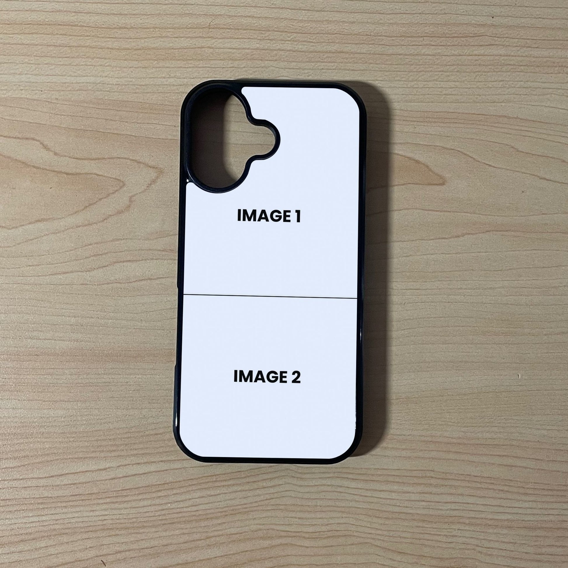 Custom phone case for the iPhone 17 showing 2 photo collage photo placement on a wooden surface.