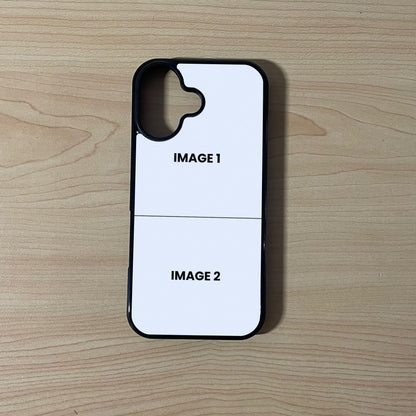 Custom phone case for the iPhone 17 showing 2 photo collage photo placement on a wooden surface.