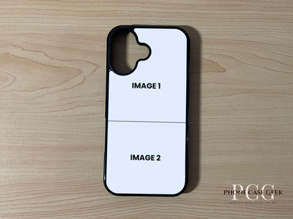 Custom phone case for the iPhone 17 showing 2 photo collage photo placement on a wooden surface.