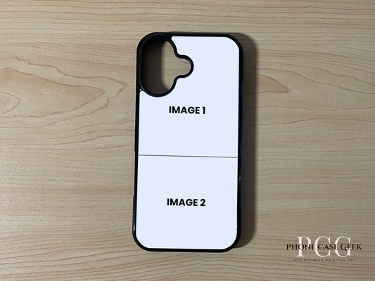Custom phone case for the iPhone 17 showing 2 photo collage photo placement on a wooden surface.