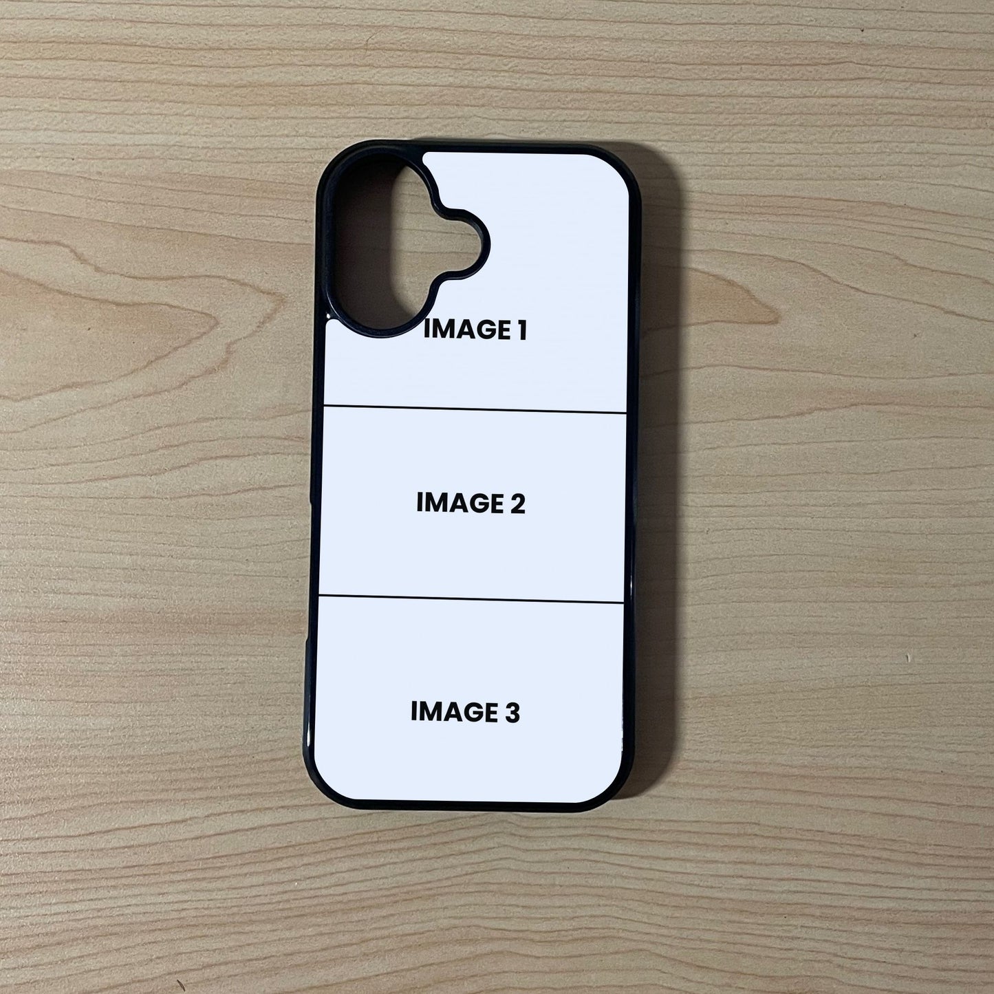 Custom phone case for the iPhone 17 showing 3 photo collage photo placement on a wooden surface.