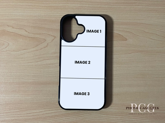 Custom phone case for the iPhone 17 showing 3 photo collage photo placement on a wooden surface.