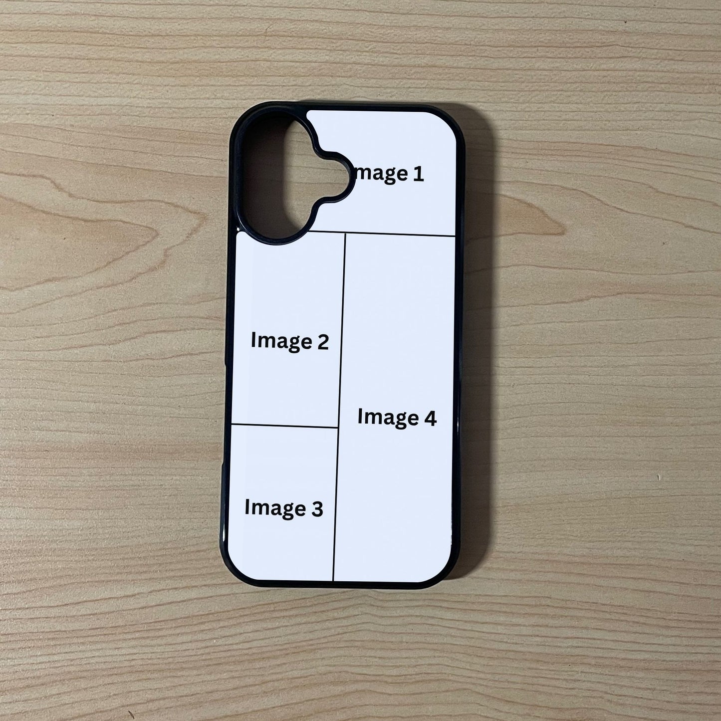 Custom phone case for the iPhone 17 showing 4 photo collage photo placement on a wooden surface.