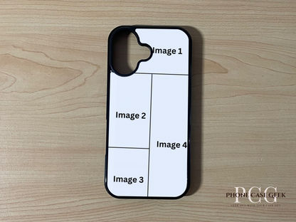 Custom phone case for the iPhone 17 showing 4 photo collage photo placement on a wooden surface.