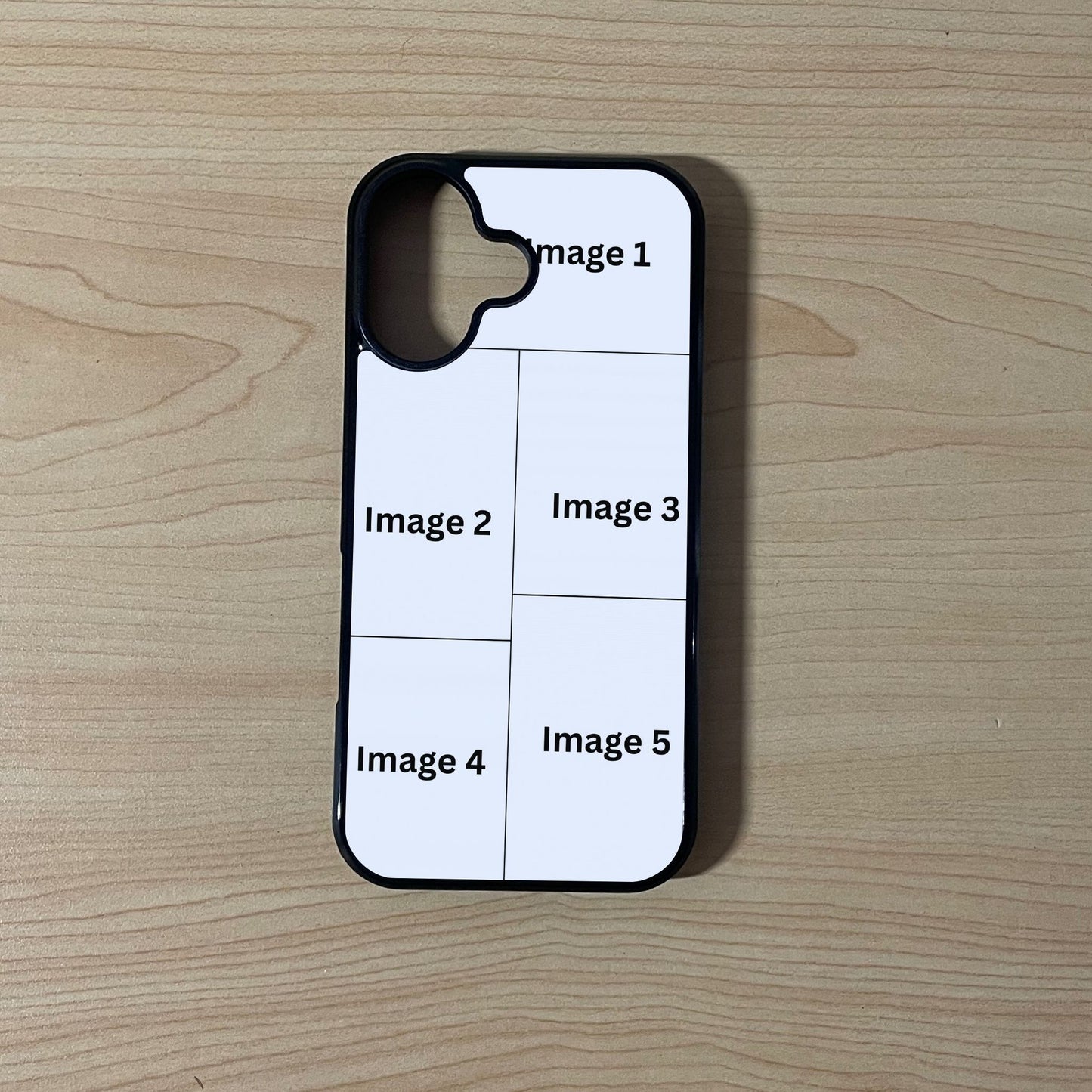 Custom phone case for the iPhone 17 showing 5 photo collage photo placement on a wooden surface.