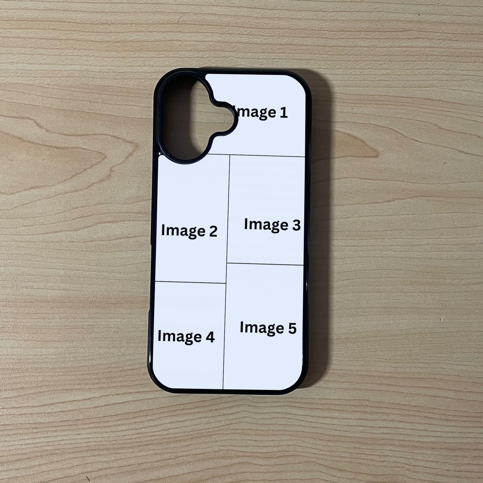 Custom phone case for the iPhone 17 showing 5 photo collage photo placement on a wooden surface.