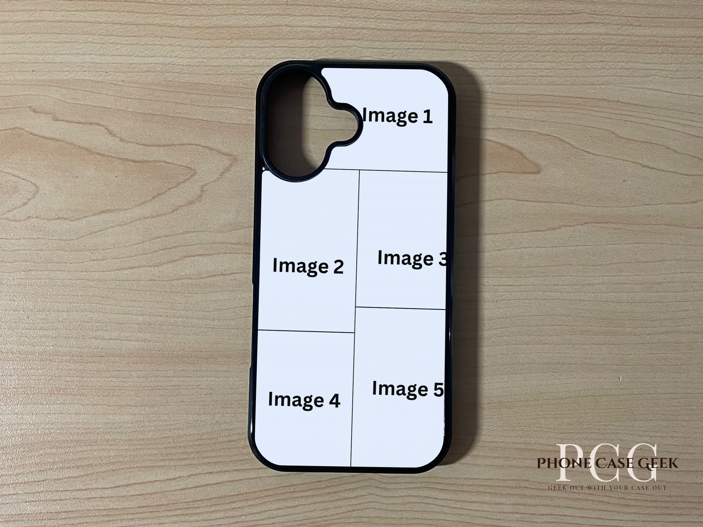 Custom phone case for the iPhone 17 showing 5 photo collage photo placement on a wooden surface.