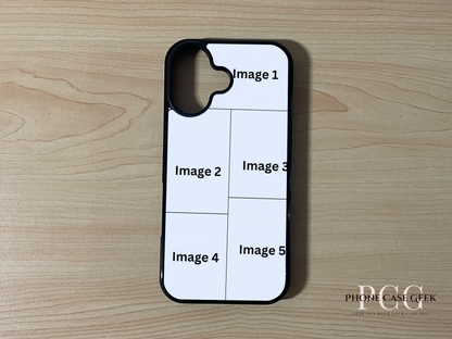 Custom phone case for the iPhone 17 showing 5 photo collage photo placement on a wooden surface.