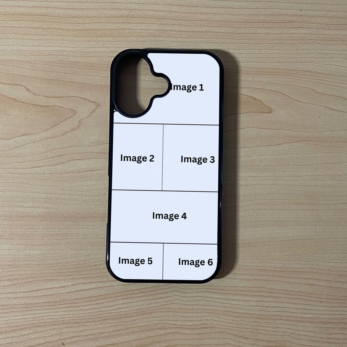 Custom phone case for the iPhone 17 showing 6 photo collage photo placement on a wooden surface.