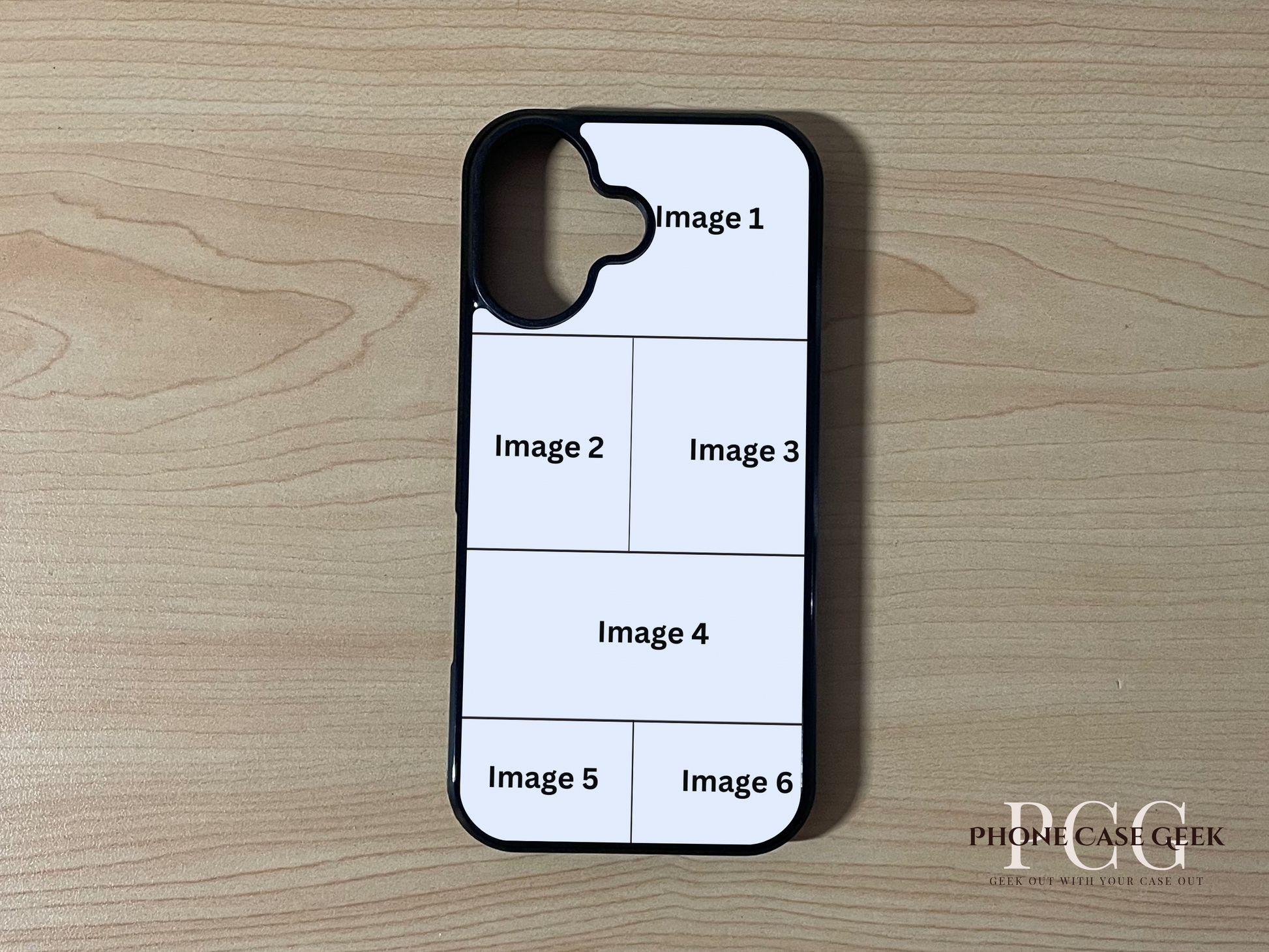 Custom phone case for the iPhone 17 showing 6 photo collage photo placement on a wooden surface.