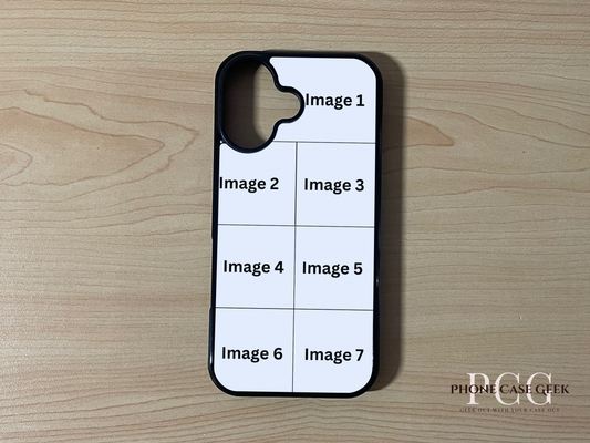 Custom phone case for the iPhone 17 showing 7 photo collage photo placement on a wooden surface.