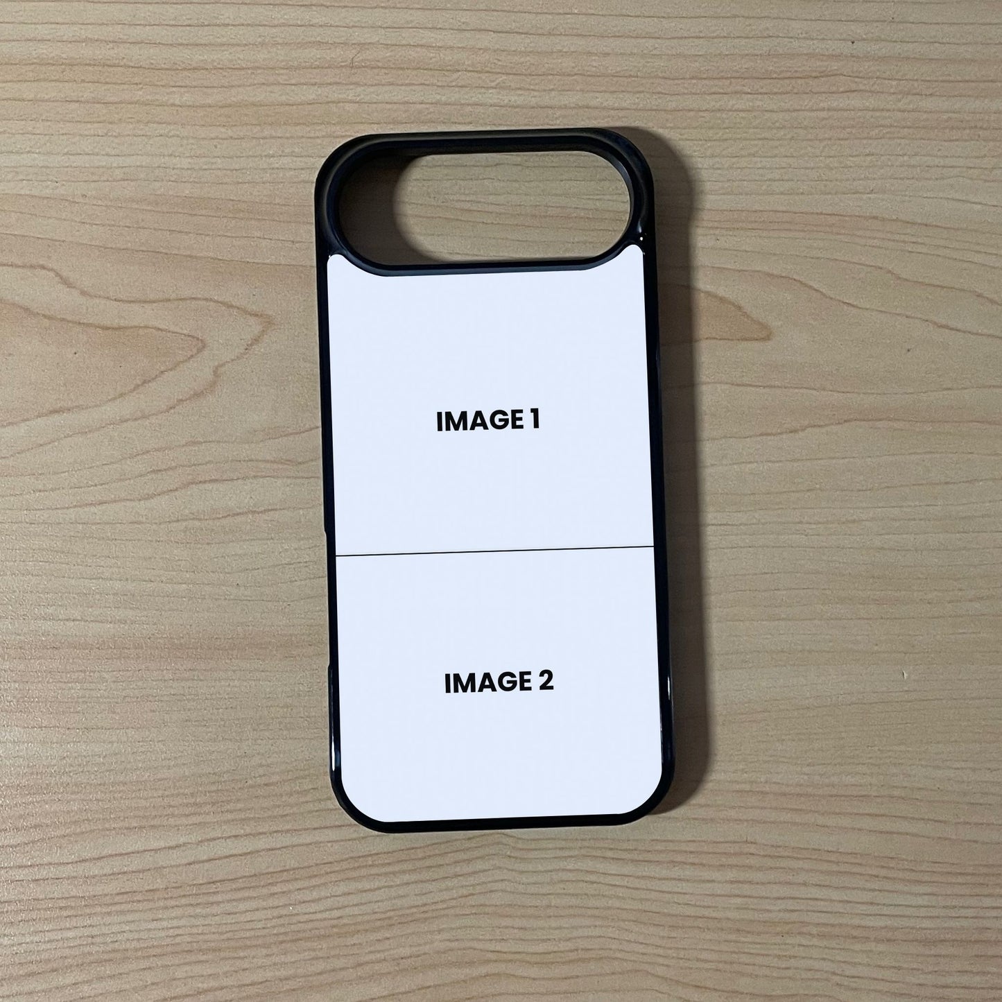 Custom phone case for the iPhone 17 Air showing 2 photo collage photo placement on a wooden surface.