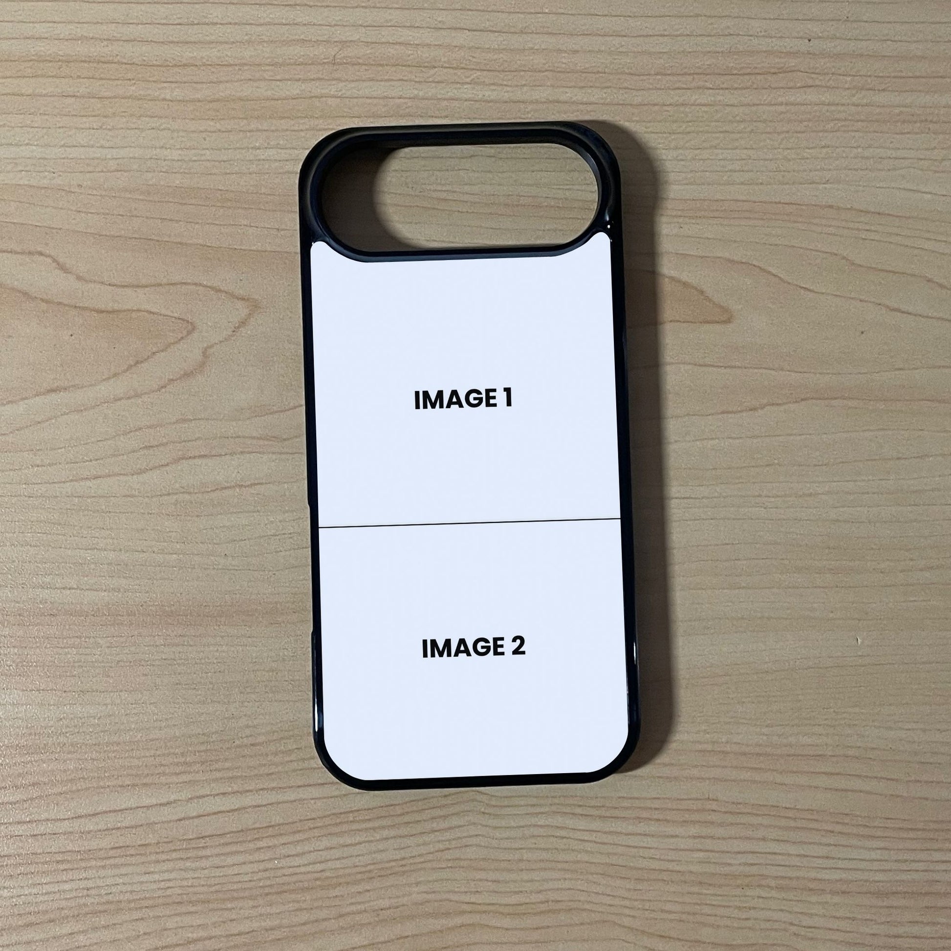 Custom phone case for the iPhone 17 Air showing 2 photo collage photo placement on a wooden surface.