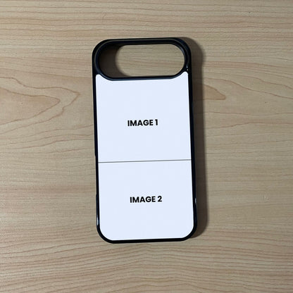 Custom phone case for the iPhone 17 Air showing 2 photo collage photo placement on a wooden surface.