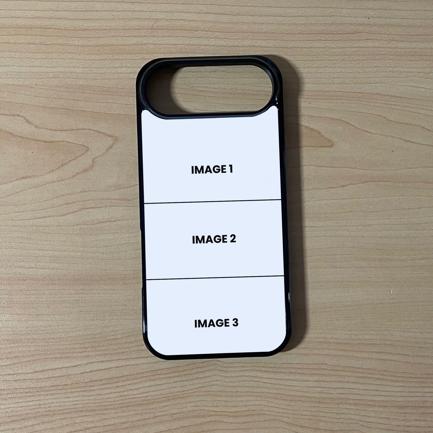 Custom phone case for the iPhone 17 Air showing 3 photo collage photo placement on a wooden surface.