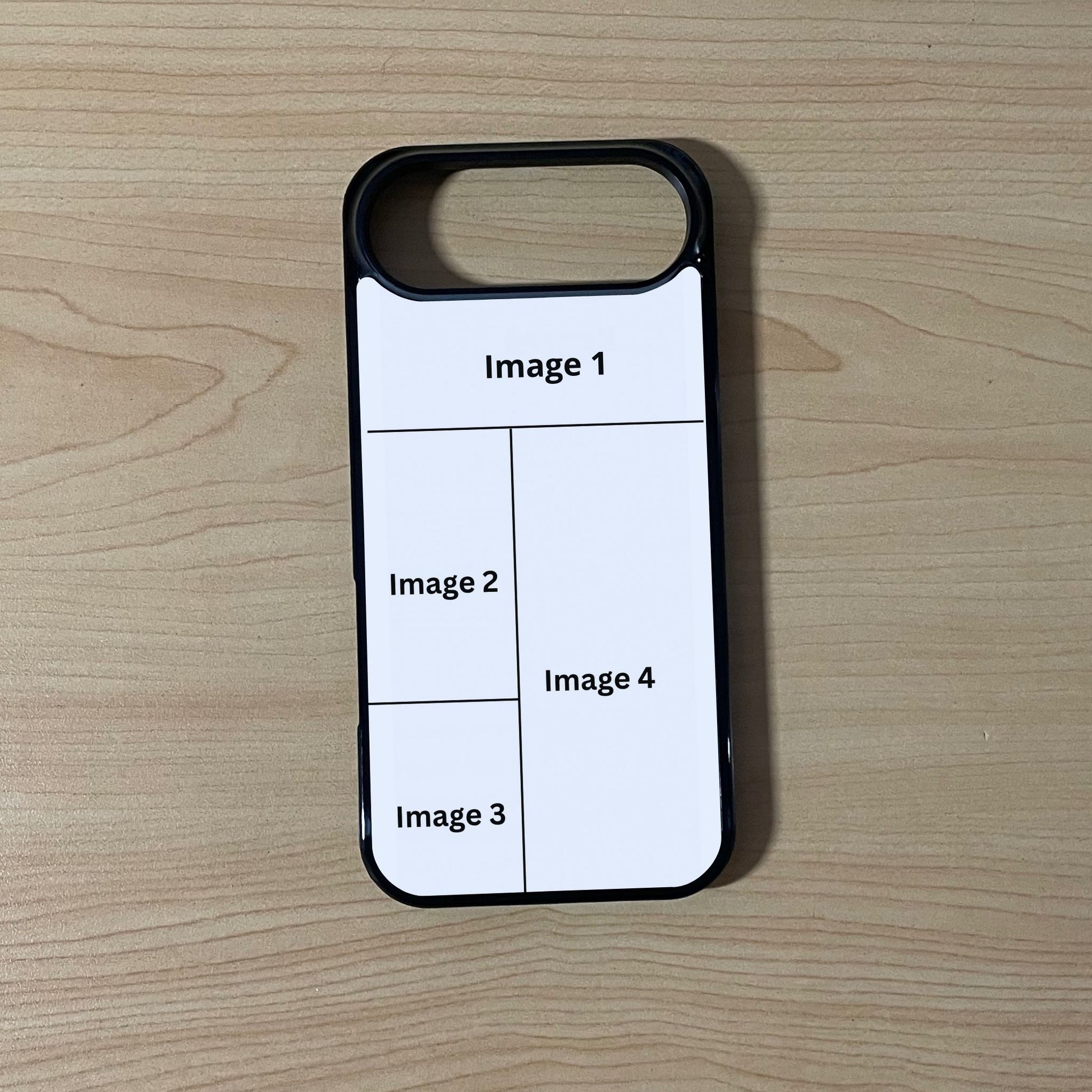Custom phone case for the iPhone 17 Air showing 4 photo collage photo placement on a wooden surface.