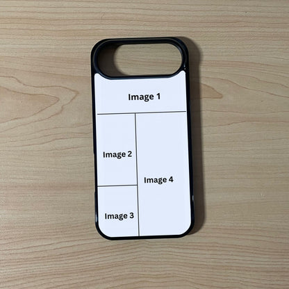 Custom phone case for the iPhone 17 Air showing 4 photo collage photo placement on a wooden surface.