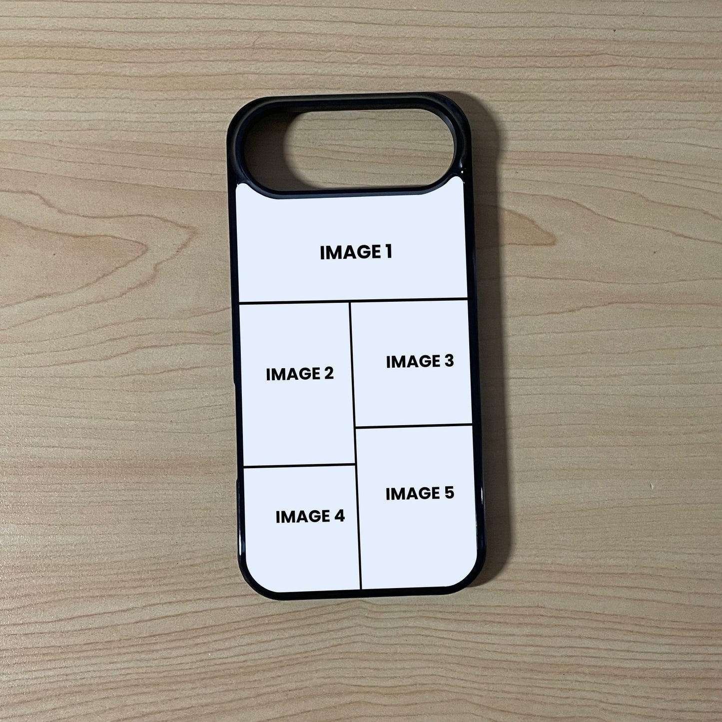 Custom phone case for the iPhone 17 Air showing 5 photo collage photo placement on a wooden surface.