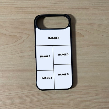 Custom phone case for the iPhone 17 Air showing 5 photo collage photo placement on a wooden surface.