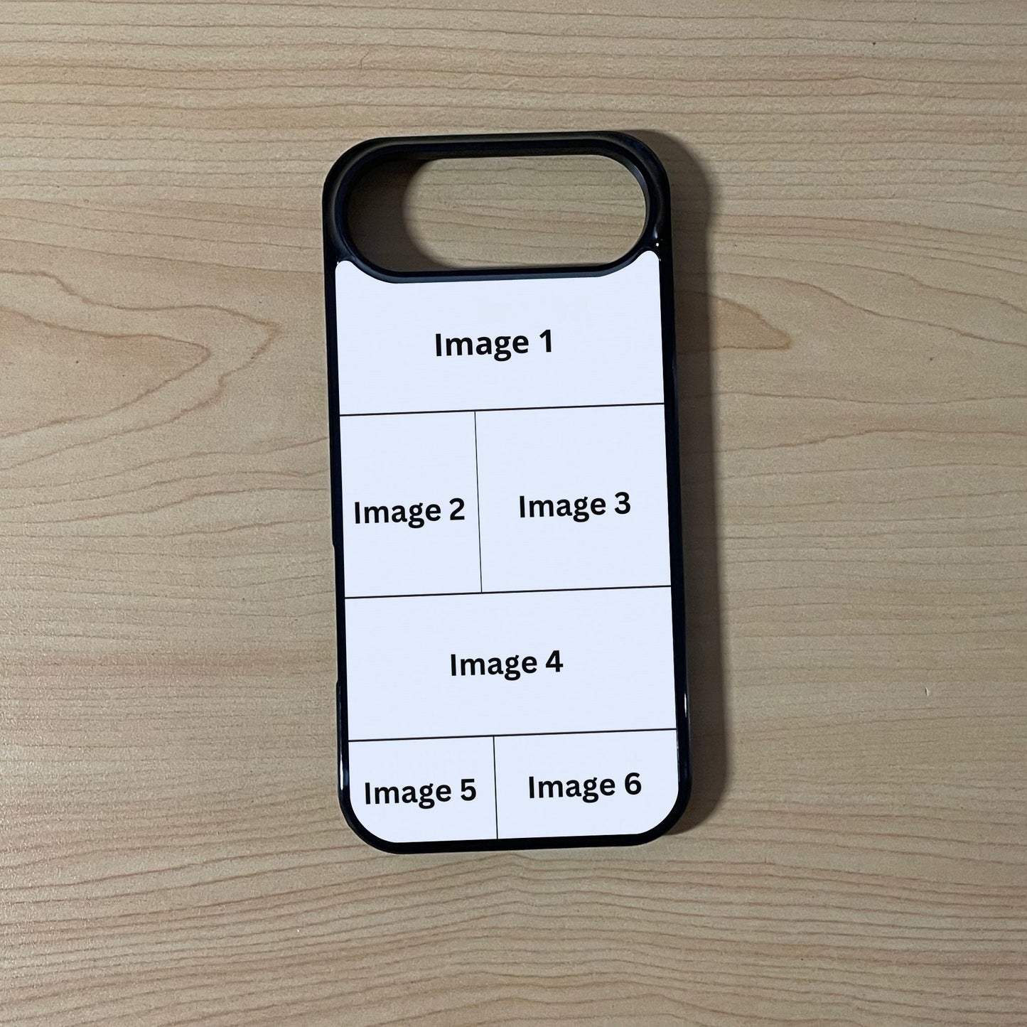 Custom phone case for the iPhone 17 Pro and 17 Air showing 6 photo collage photo placement on a wooden surface.