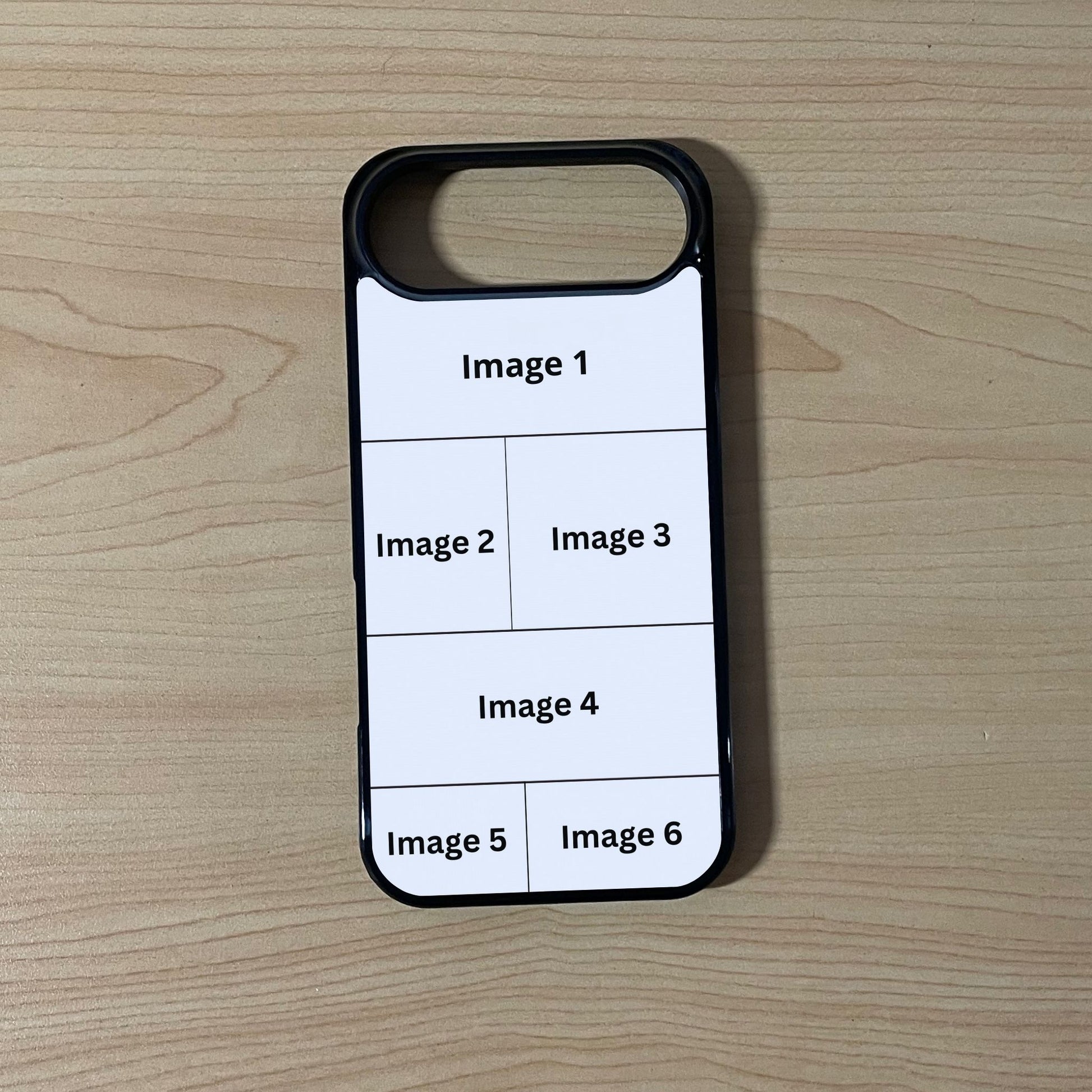 Custom phone case for the iPhone 17 Pro and 17 Air showing 6 photo collage photo placement on a wooden surface.