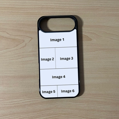 Custom phone case for the iPhone 17 Pro and 17 Air showing 6 photo collage photo placement on a wooden surface.